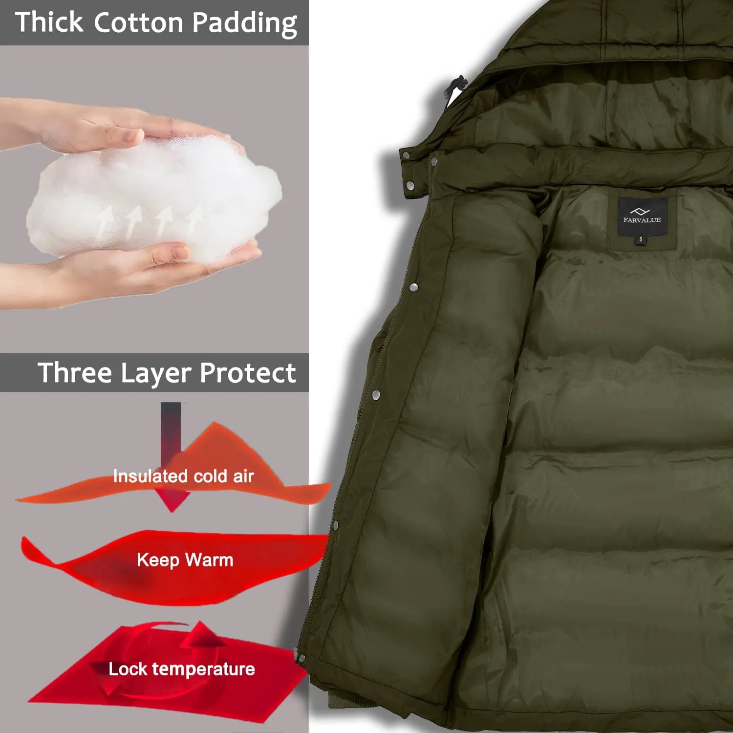 FARVALUE Mens Winter Coats Thicken Puffer Jacket Warm Winter Parka Padded Outwear with Hood