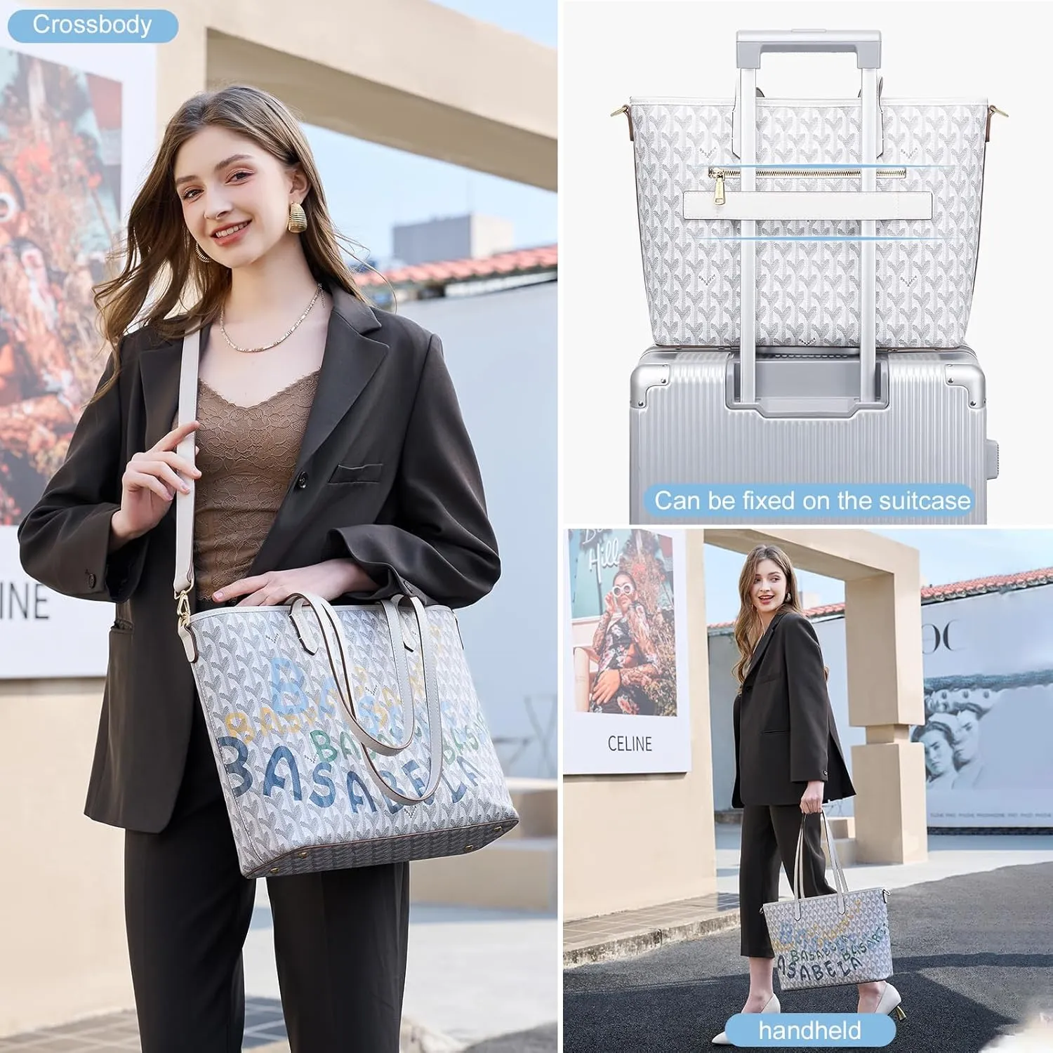 Fashion Handmade Large Faux Leather Laptop Tote Bag for Women, 15.6 inch Top Handle Satchel Handbag with Luggage Strap Wallet