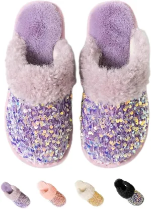 Fashion Sequins Slippers for Women & Men - Warm, Comfy, Non-slip, Plush, Fuzzy, Memory Foam Indoor/Outdoor Shoes