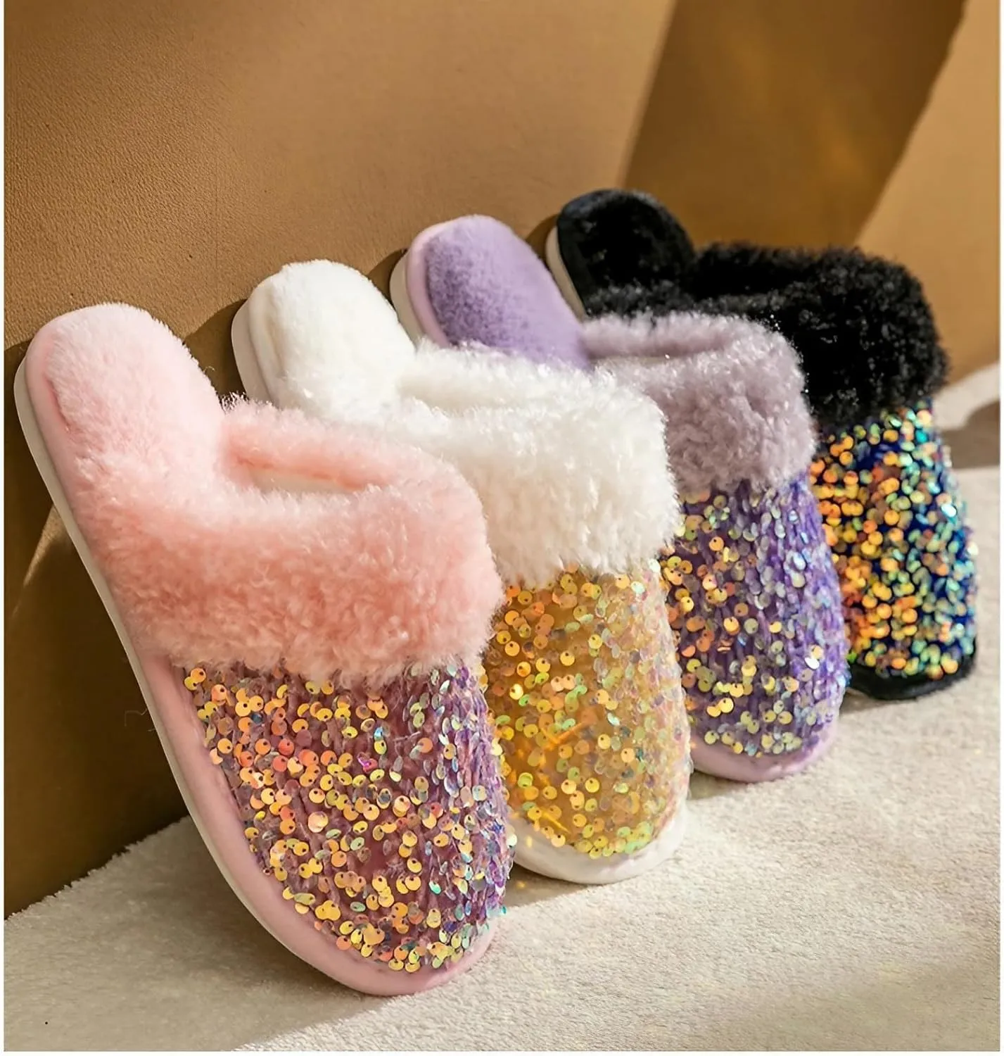Fashion Sequins Slippers for Women & Men - Warm, Comfy, Non-slip, Plush, Fuzzy, Memory Foam Indoor/Outdoor Shoes