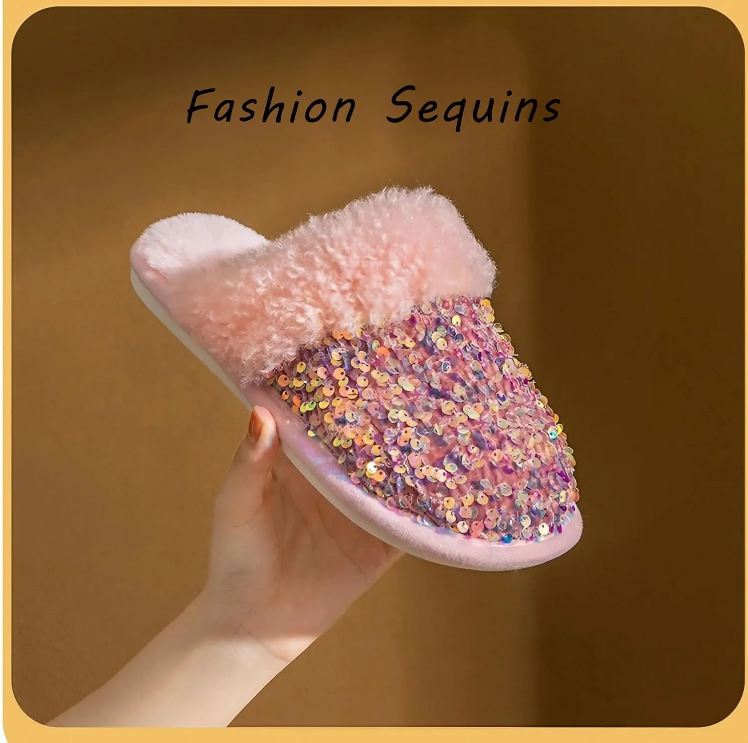 Fashion Sequins Slippers for Women & Men - Warm, Comfy, Non-slip, Plush, Fuzzy, Memory Foam Indoor/Outdoor Shoes