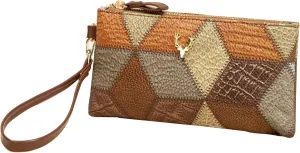 Fashion Small Square Handbag,Retro Color-Block Zipper Purse Wristlet Wallet PU Leather Pouch Large Capacity Clutch