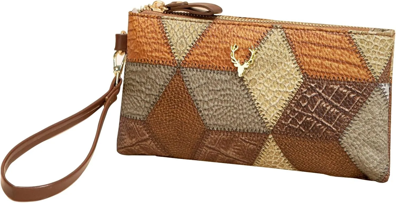 Fashion Small Square Handbag,Retro Color-Block Zipper Purse Wristlet Wallet PU Leather Pouch Large Capacity Clutch