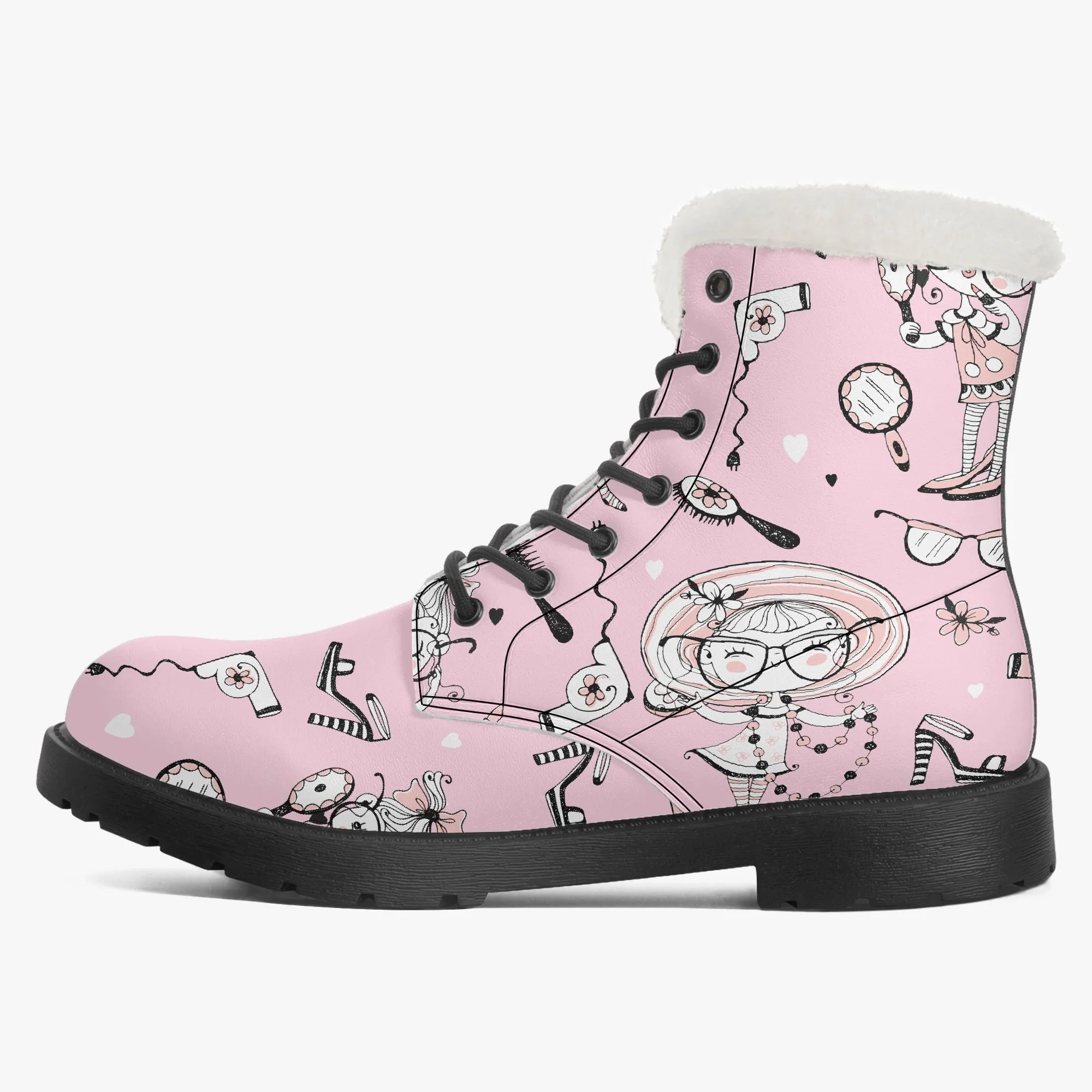 Faux Fur Leather Boots Whimsical Girl Pink