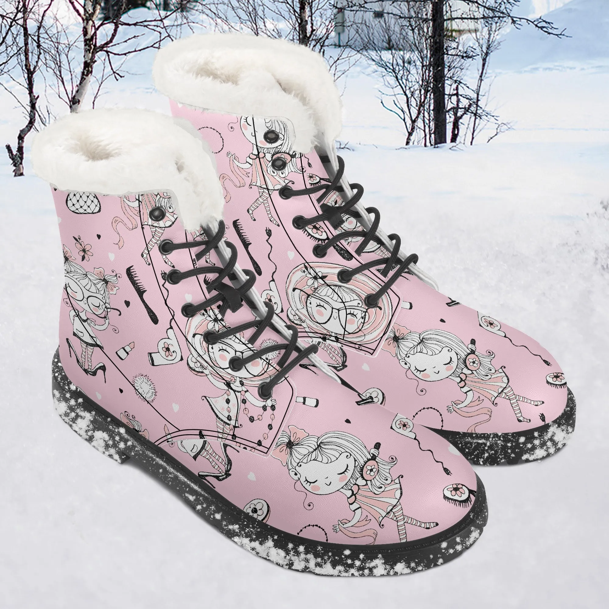 Faux Fur Leather Boots Whimsical Girl Pink