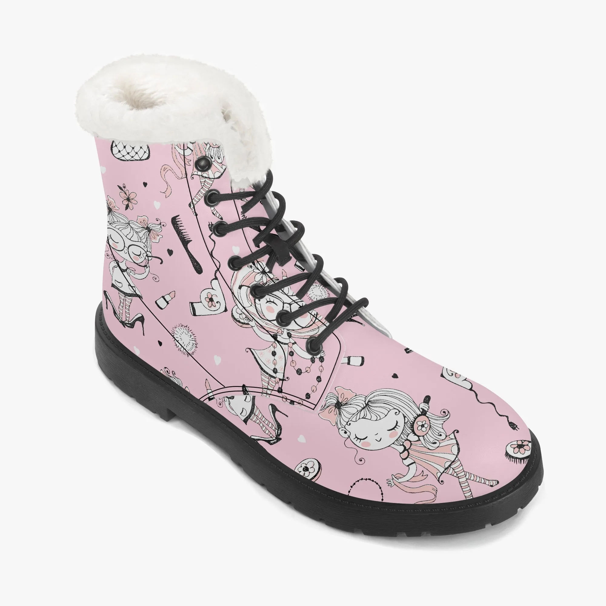 Faux Fur Leather Boots Whimsical Girl Pink