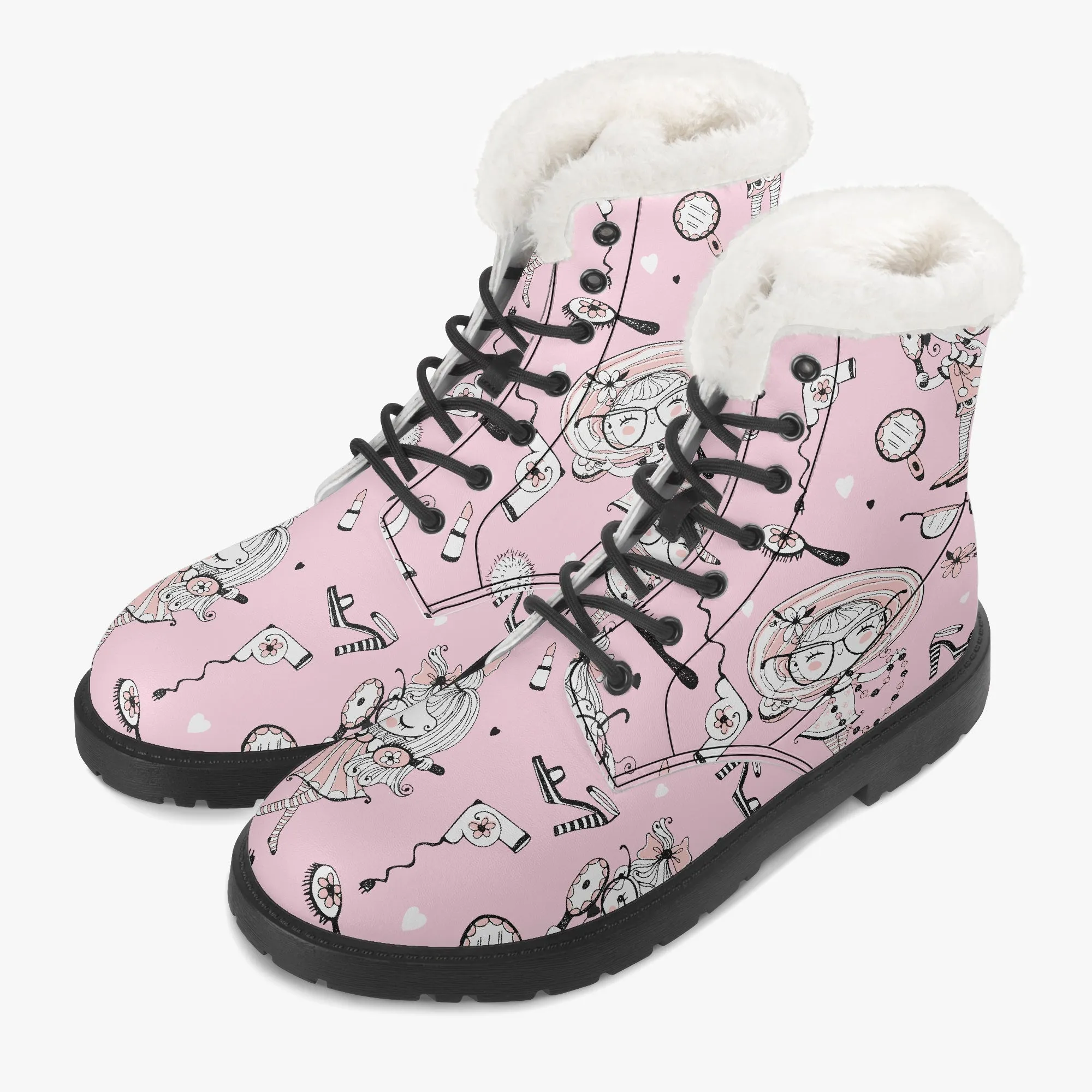 Faux Fur Leather Boots Whimsical Girl Pink