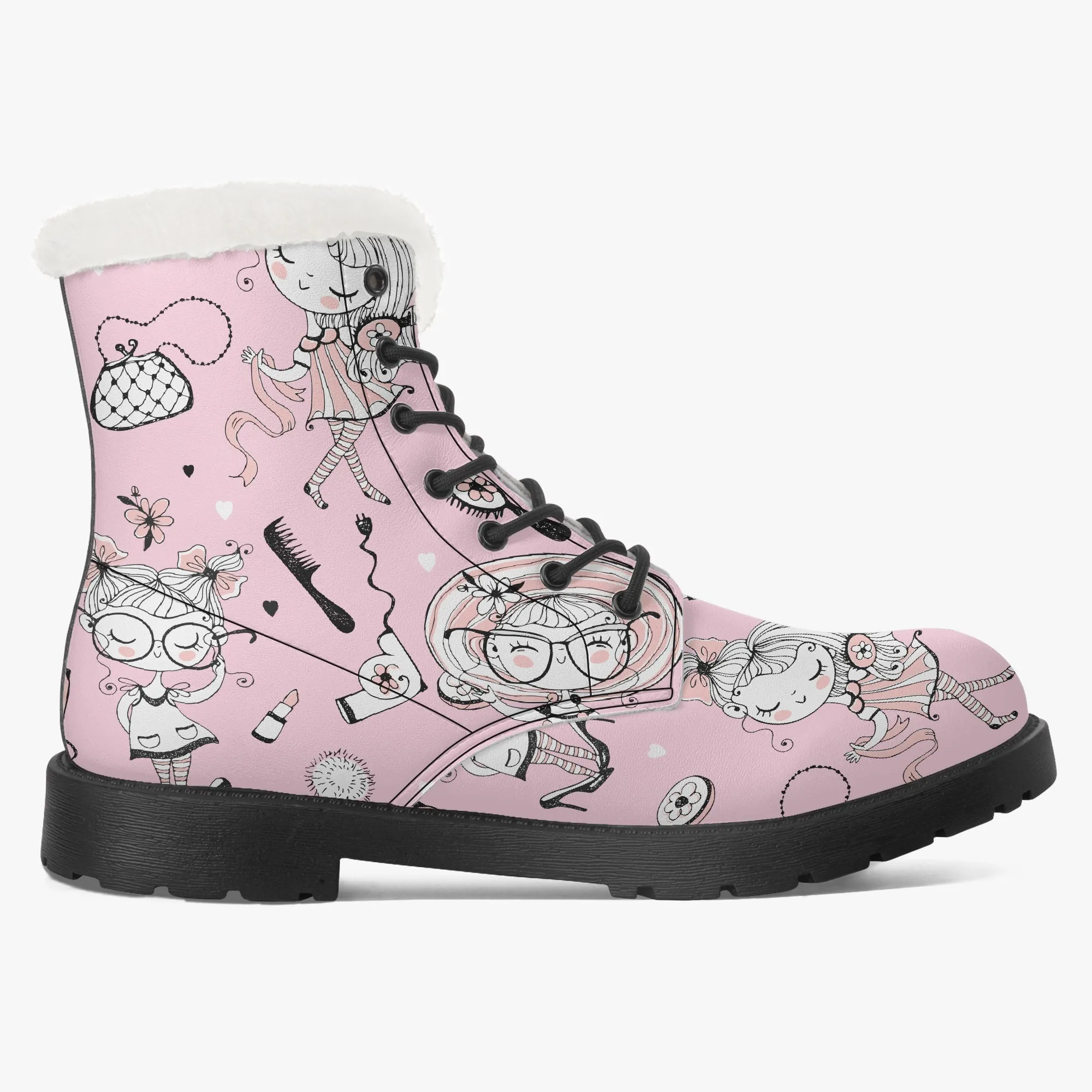 Faux Fur Leather Boots Whimsical Girl Pink