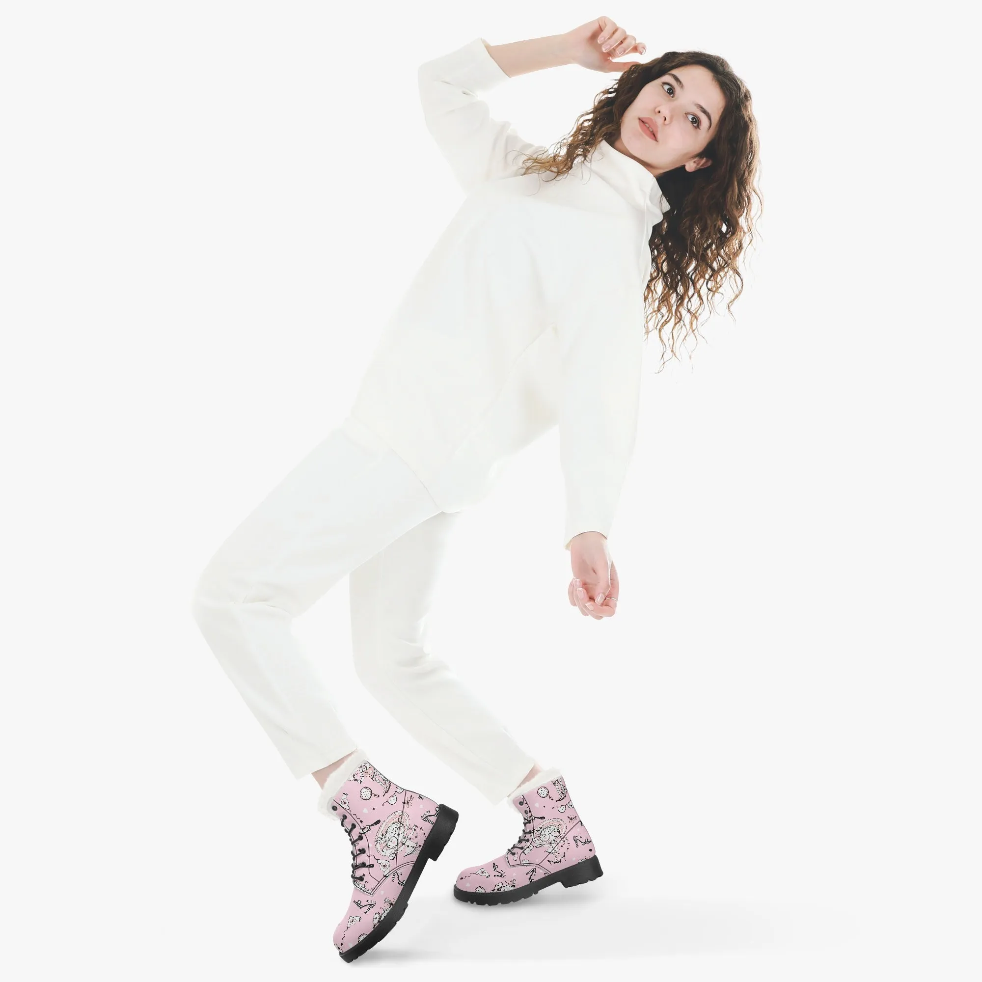 Faux Fur Leather Boots Whimsical Girl Pink