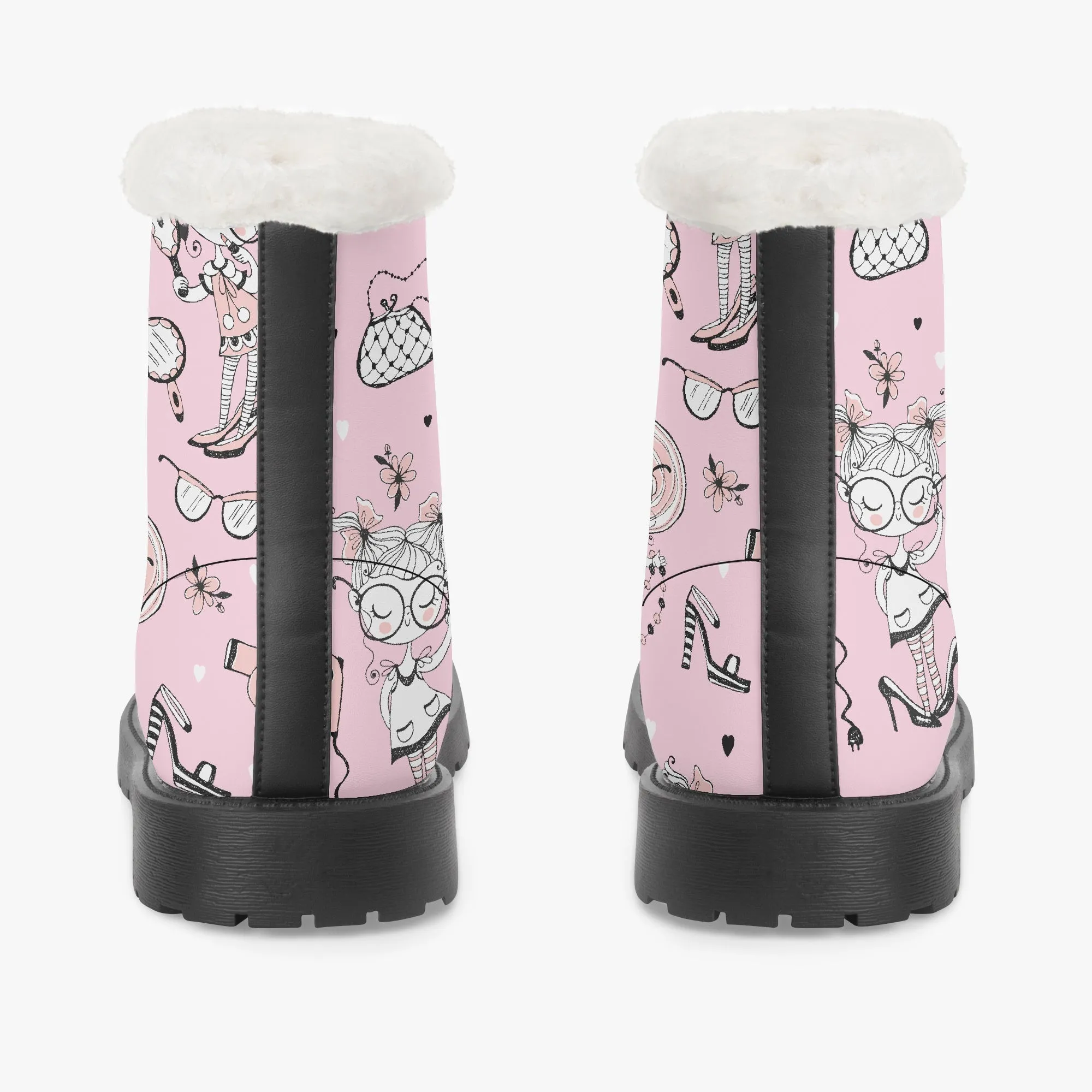Faux Fur Leather Boots Whimsical Girl Pink