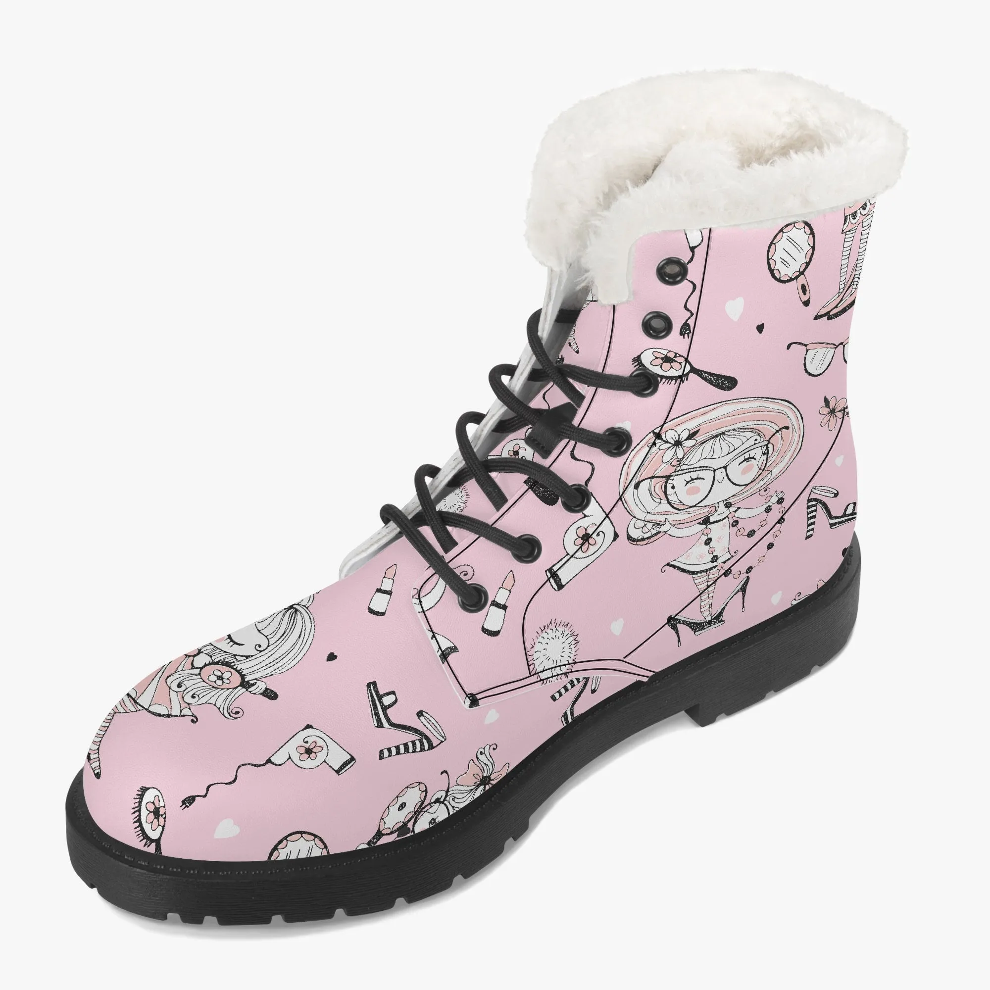 Faux Fur Leather Boots Whimsical Girl Pink