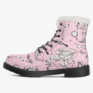 Faux Fur Leather Boots Whimsical Girl Pink