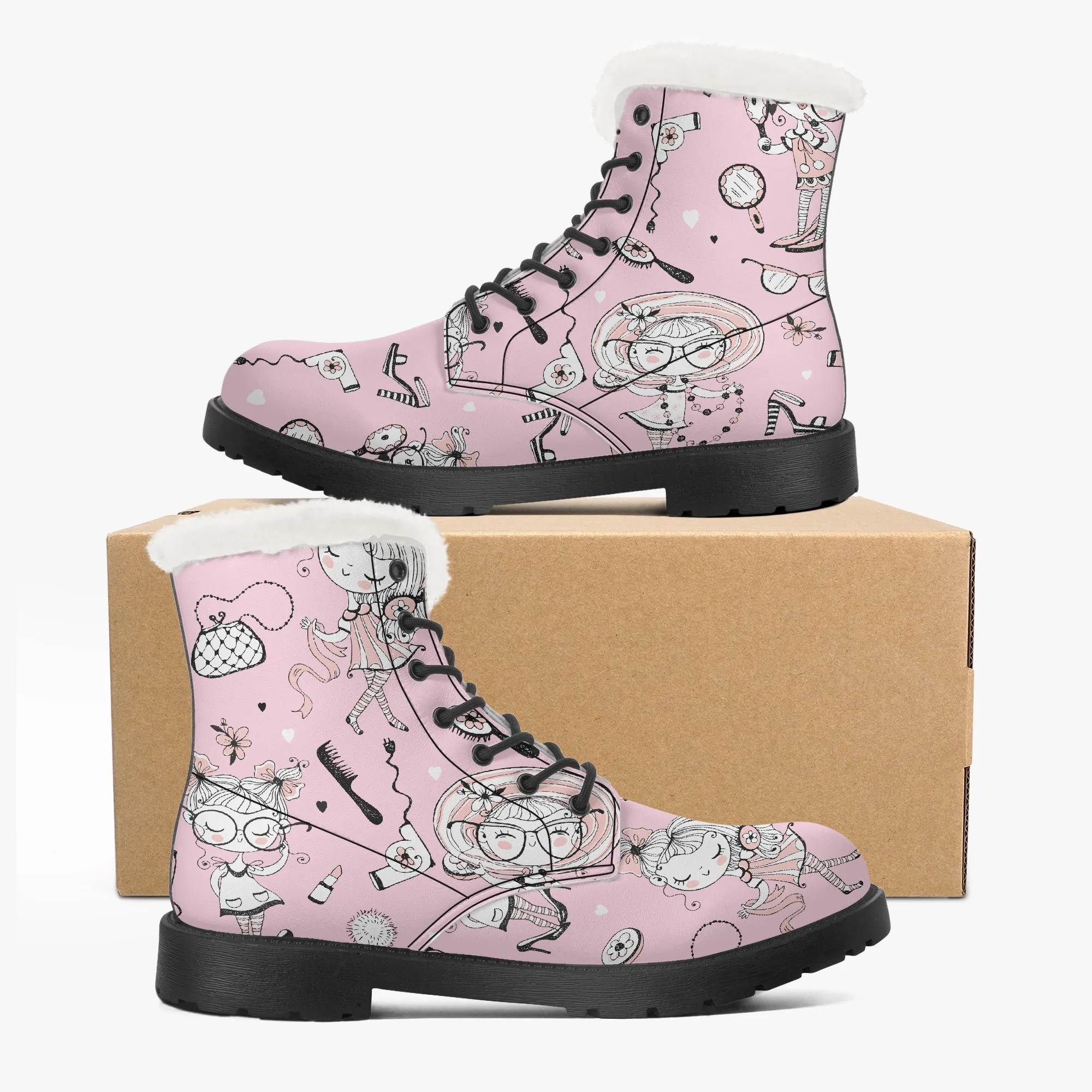 Faux Fur Leather Boots Whimsical Girl Pink