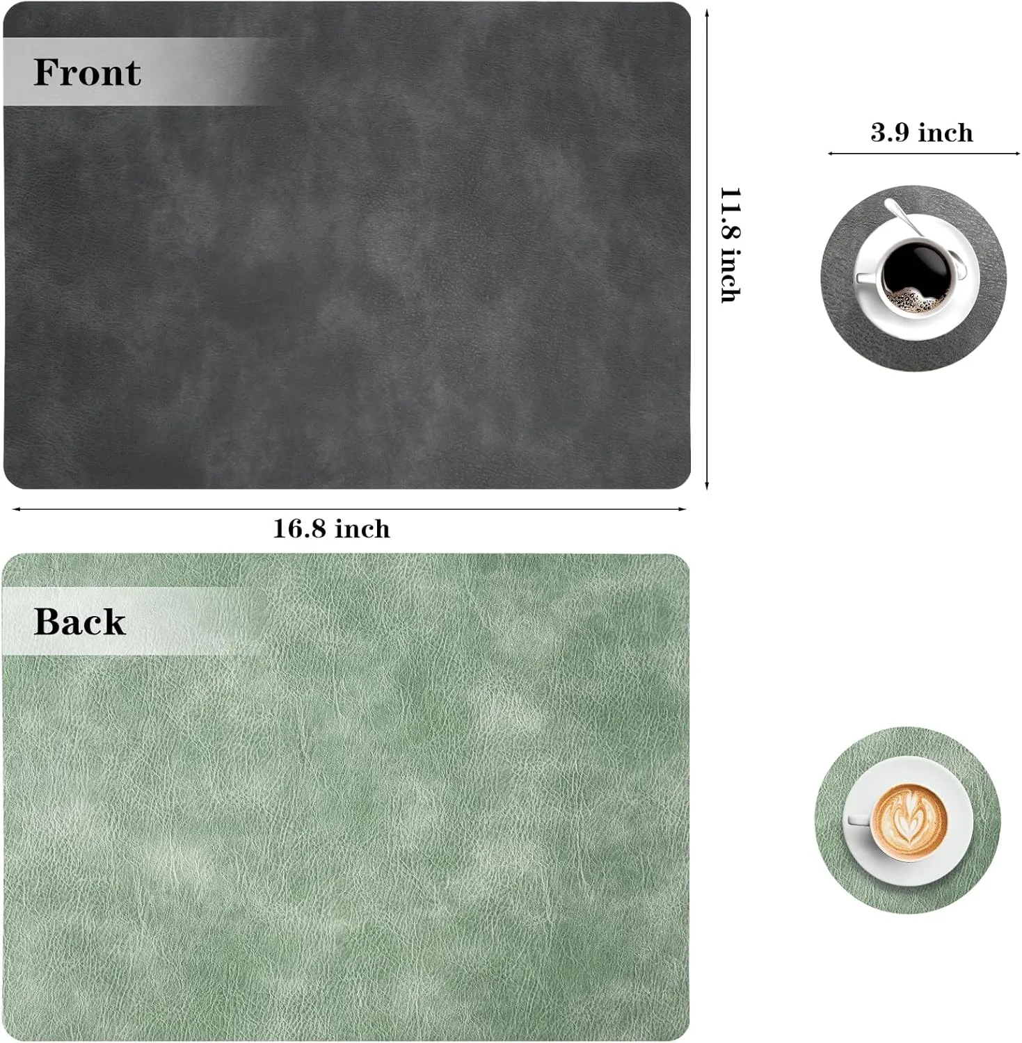 Faux Leather Placemats and Coasters Set of 4, Washable Reversible Placemats Cowhide Pattern Place Mats Waterproof Non-Slip Kitchen Dining Table Mats Drink Coasters (Gray Green, 4)