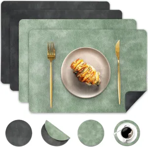 Faux Leather Placemats and Coasters Set of 4, Washable Reversible Placemats Cowhide Pattern Place Mats Waterproof Non-Slip Kitchen Dining Table Mats Drink Coasters (Gray Green, 4)