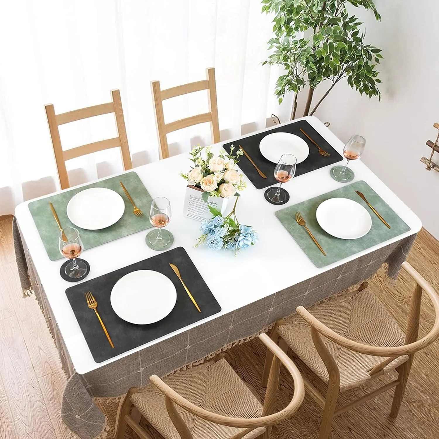 Faux Leather Placemats and Coasters Set of 4, Washable Reversible Placemats Cowhide Pattern Place Mats Waterproof Non-Slip Kitchen Dining Table Mats Drink Coasters (Gray Green, 4)