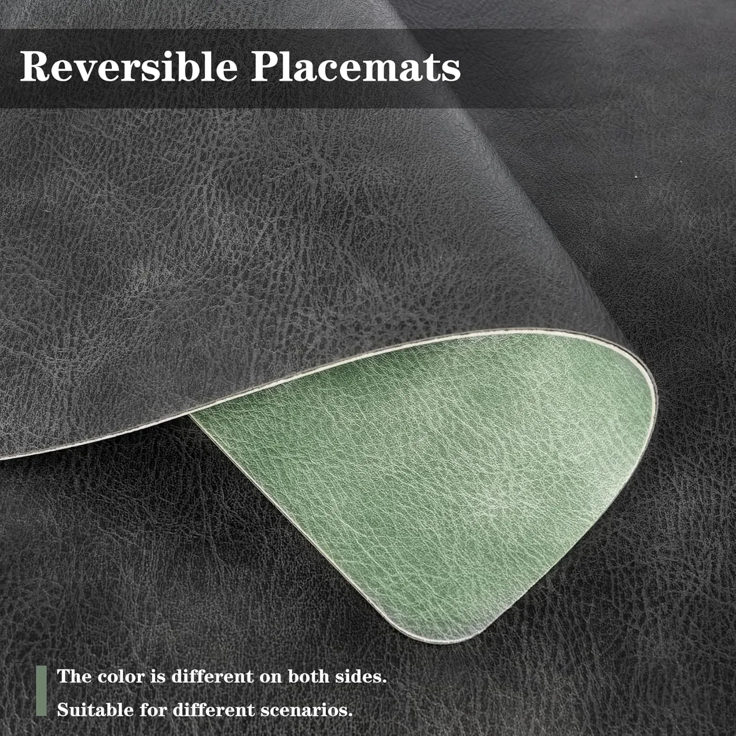 Faux Leather Placemats and Coasters Set of 4, Washable Reversible Placemats Cowhide Pattern Place Mats Waterproof Non-Slip Kitchen Dining Table Mats Drink Coasters (Gray Green, 4)
