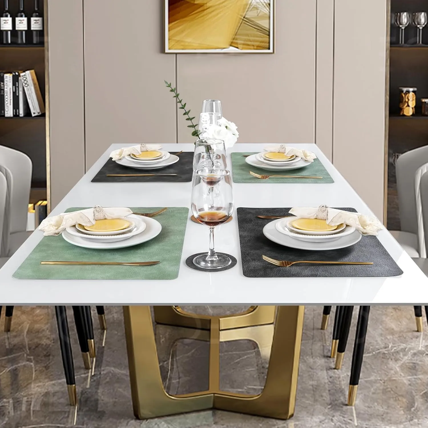 Faux Leather Placemats and Coasters Set of 4, Washable Reversible Placemats Cowhide Pattern Place Mats Waterproof Non-Slip Kitchen Dining Table Mats Drink Coasters (Gray Green, 4)