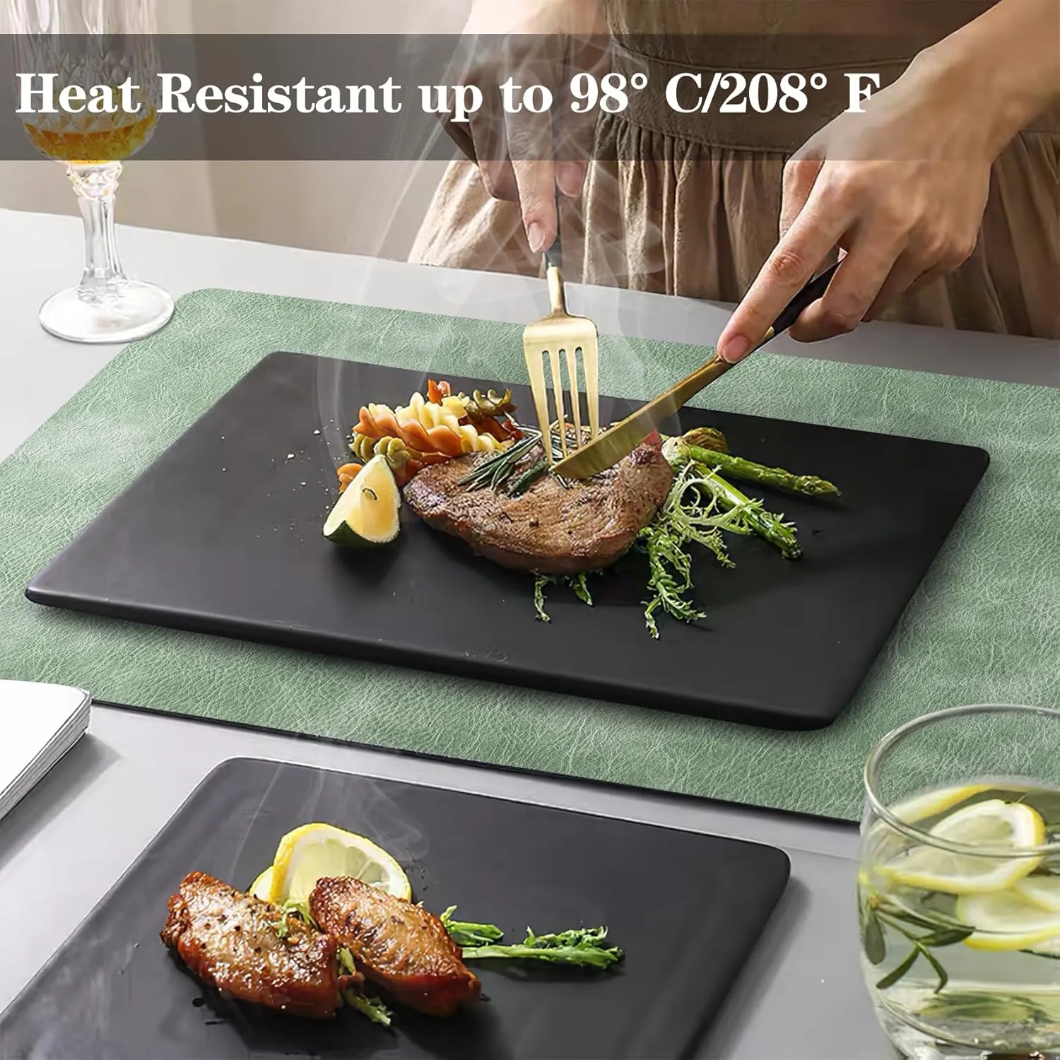 Faux Leather Placemats and Coasters Set of 4, Washable Reversible Placemats Cowhide Pattern Place Mats Waterproof Non-Slip Kitchen Dining Table Mats Drink Coasters (Gray Green, 4)