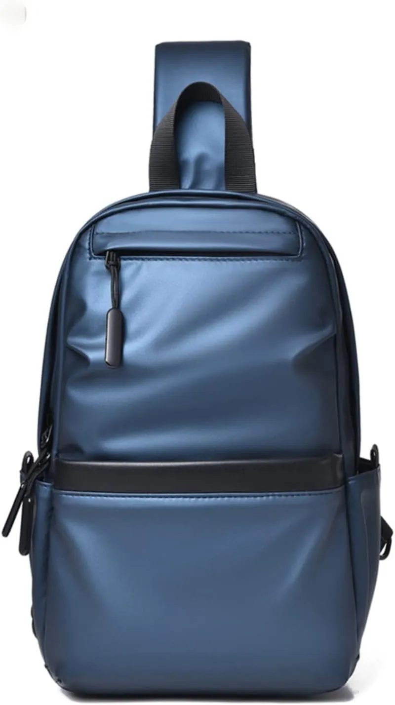 Faux Leather Sling Bag for Men and Women,Chest Bag Shoulder Backpack Waterproof Crossbody Backpack Traveling Hiking Daypack(Blue)