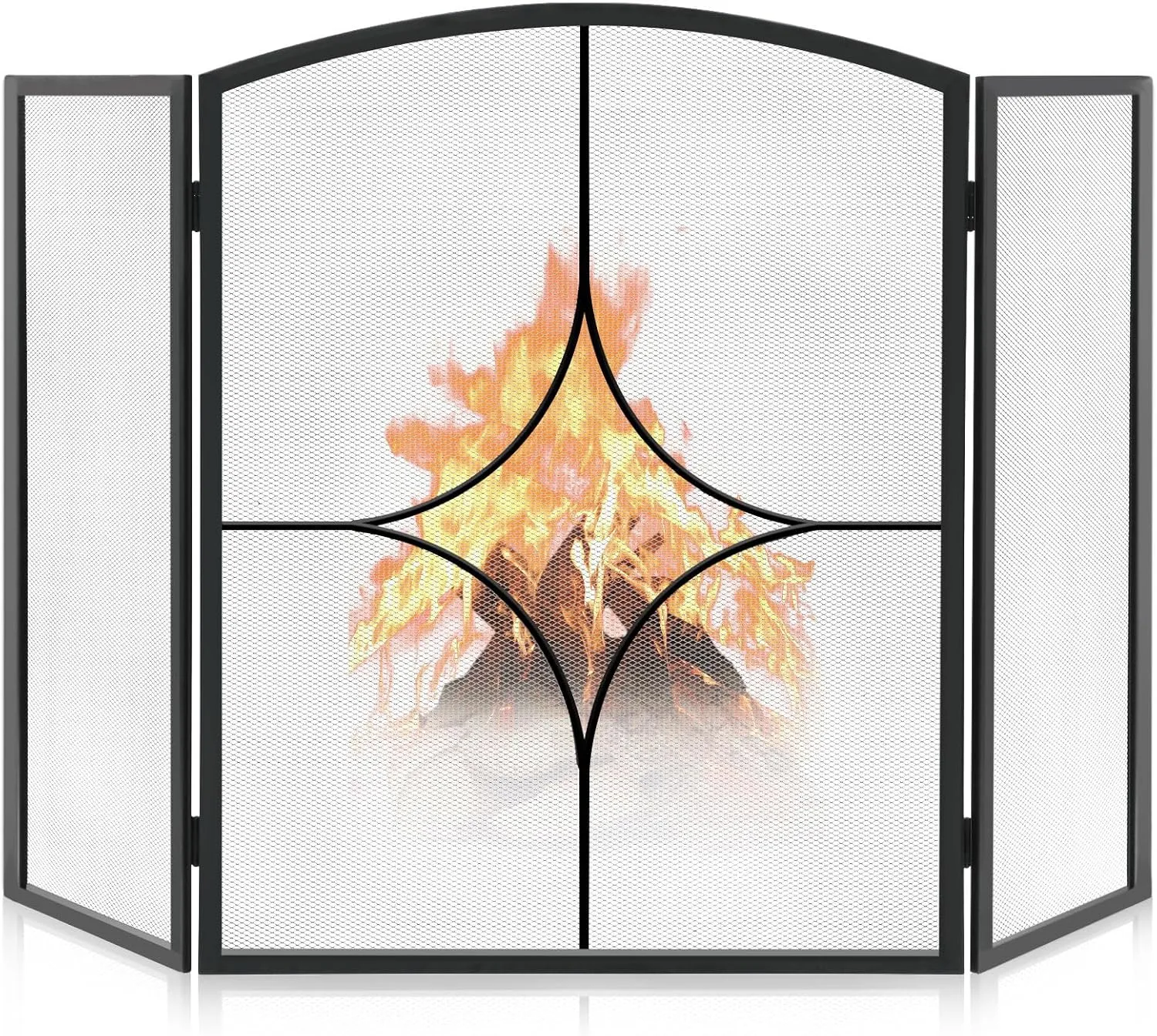 FEED GARDEN 3 Panel Fireplace Screen 48" W x 30" H Modern Foldable with Wrought Metal Decorative Mesh,Arch Heavy Duty Fire Spark Guard Cover for Home Decor Indoor, Black