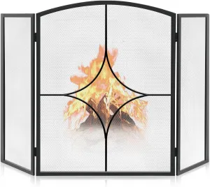 FEED GARDEN 3 Panel Fireplace Screen 48" W x 30" H Modern Foldable with Wrought Metal Decorative Mesh,Arch Heavy Duty Fire Spark Guard Cover for Home Decor Indoor, Black