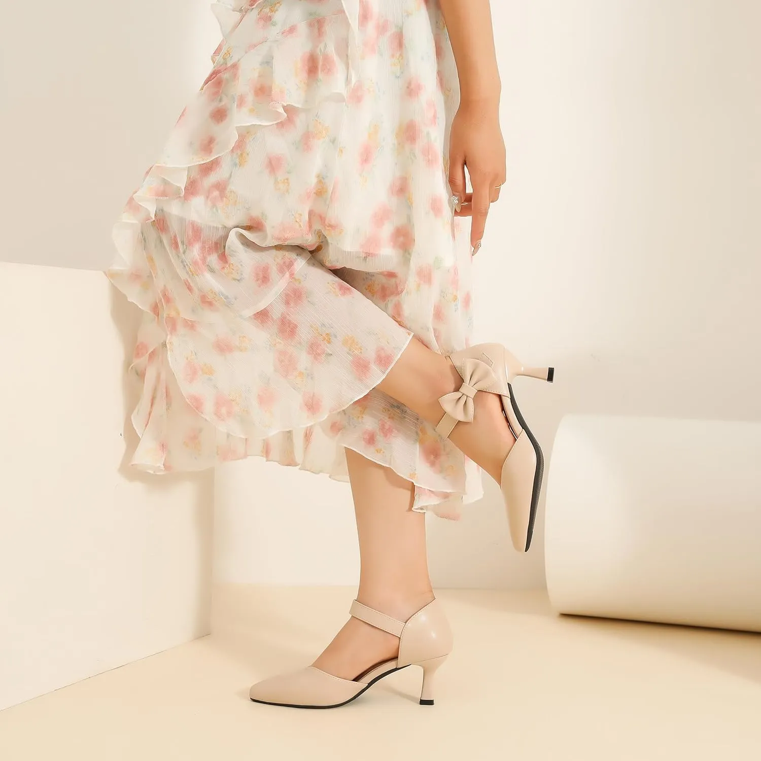 fereshte Women's Bow Kitten Heels Pumps Ankle Strap Dress Wedding Evening Party Shoes