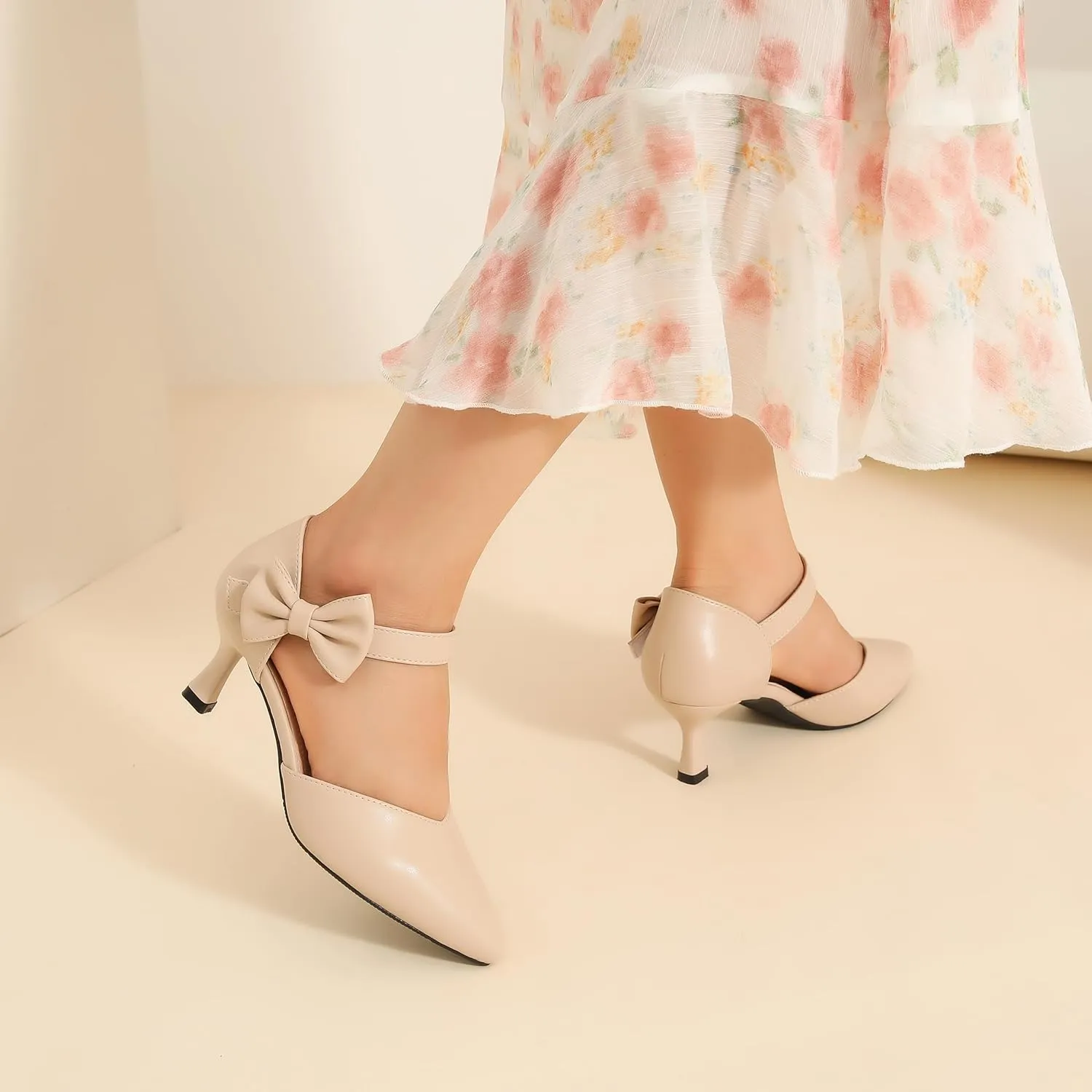 fereshte Women's Bow Kitten Heels Pumps Ankle Strap Dress Wedding Evening Party Shoes