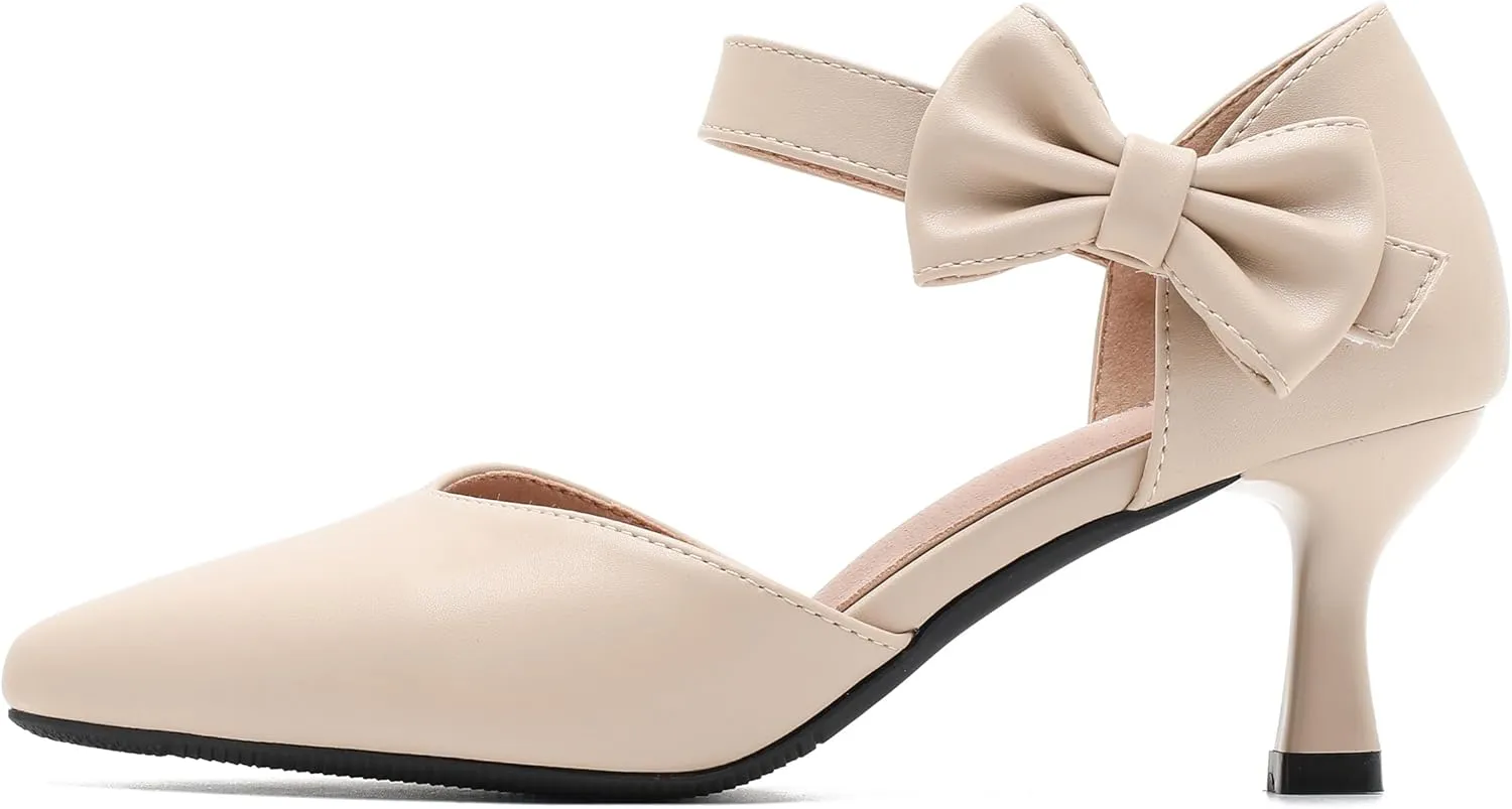 fereshte Women's Bow Kitten Heels Pumps Ankle Strap Dress Wedding Evening Party Shoes