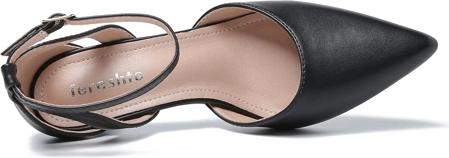 fereshte Women's Closed Pointed Toe Heels Ankle Strap Hollow Out D'Orsay Kitten Heel Dressy Pumps