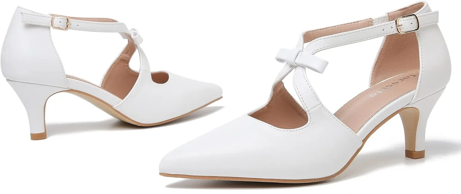 fereshte Women's Kitten Heels T Strap 2 Inch Low Heel Bow Pointed Toe D'Orsay Dressy Pumps