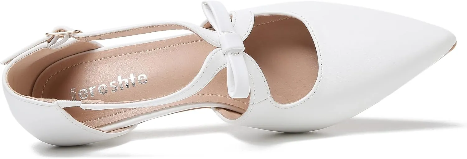 fereshte Women's Kitten Heels T Strap 2 Inch Low Heel Bow Pointed Toe D'Orsay Dressy Pumps