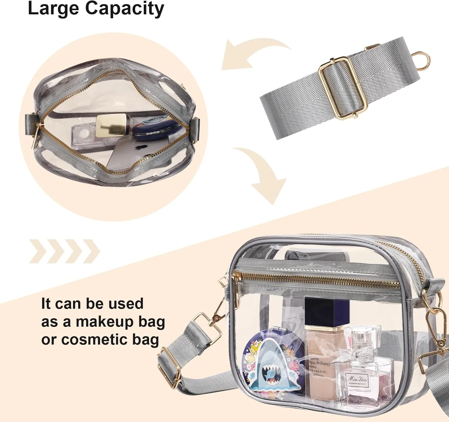 Fibrdoo Clear Bag Stadium Approved, Leather Clear Crossbody Purse Bag for Concerts Sports Events Festivals