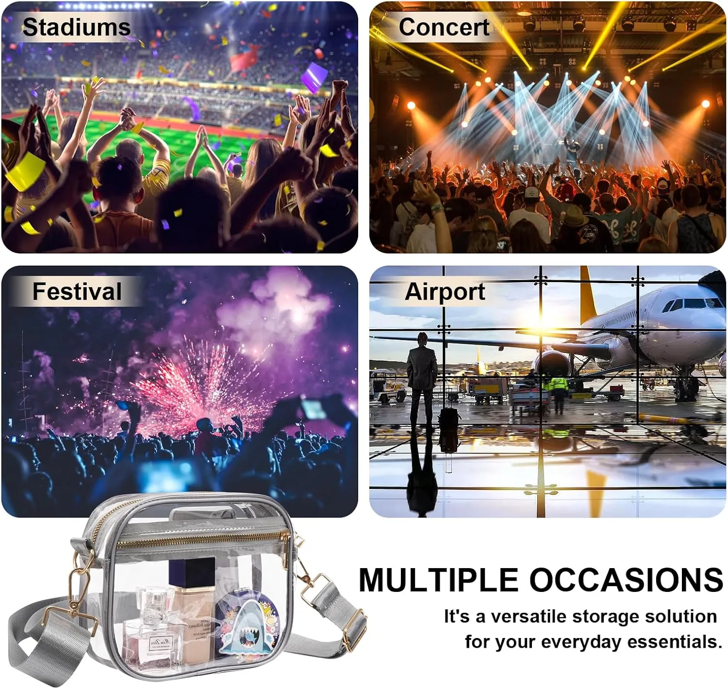 Fibrdoo Clear Bag Stadium Approved, Leather Clear Crossbody Purse Bag for Concerts Sports Events Festivals
