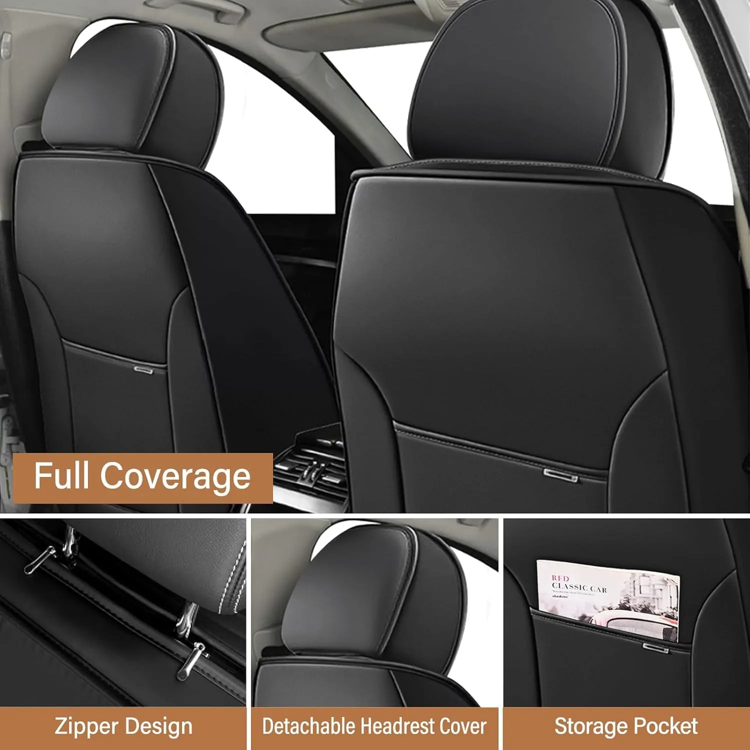 Fit for 98% of BMW Car Seat Covers, Full Surround Faux Leather Anti-Slip Waterproof Auto Seat Cover(Black&Orange,Full Set)