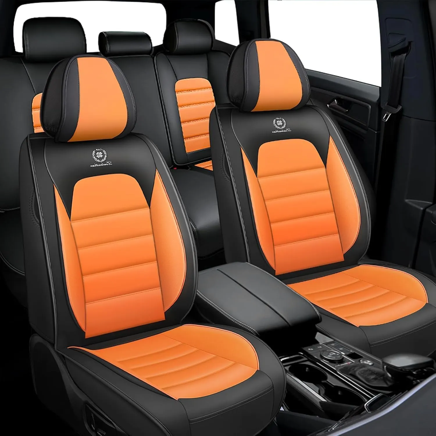 Fit for 98% of BMW Car Seat Covers, Full Surround Faux Leather Anti-Slip Waterproof Auto Seat Cover(Black&Orange,Full Set)