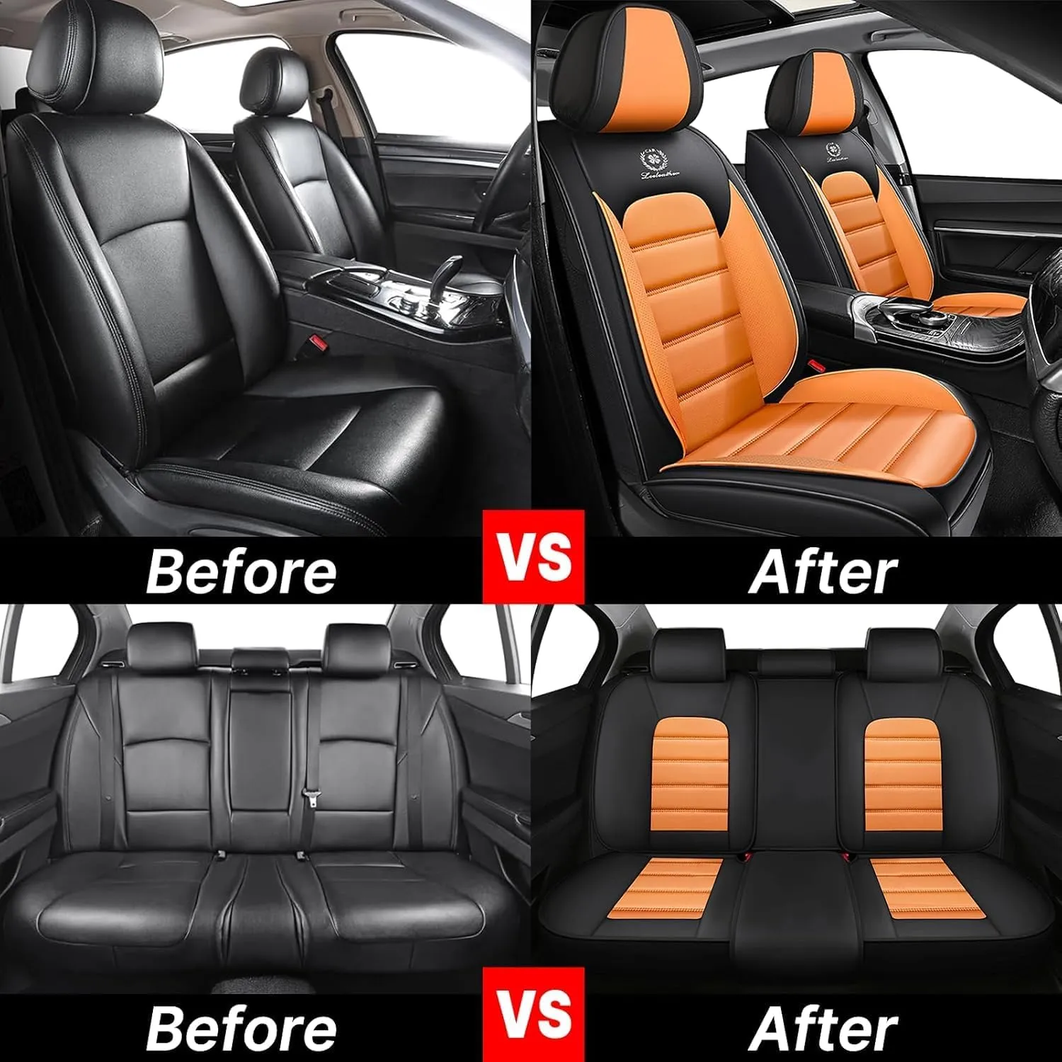 Fit for 98% of BMW Car Seat Covers, Full Surround Faux Leather Anti-Slip Waterproof Auto Seat Cover(Black&Orange,Full Set)