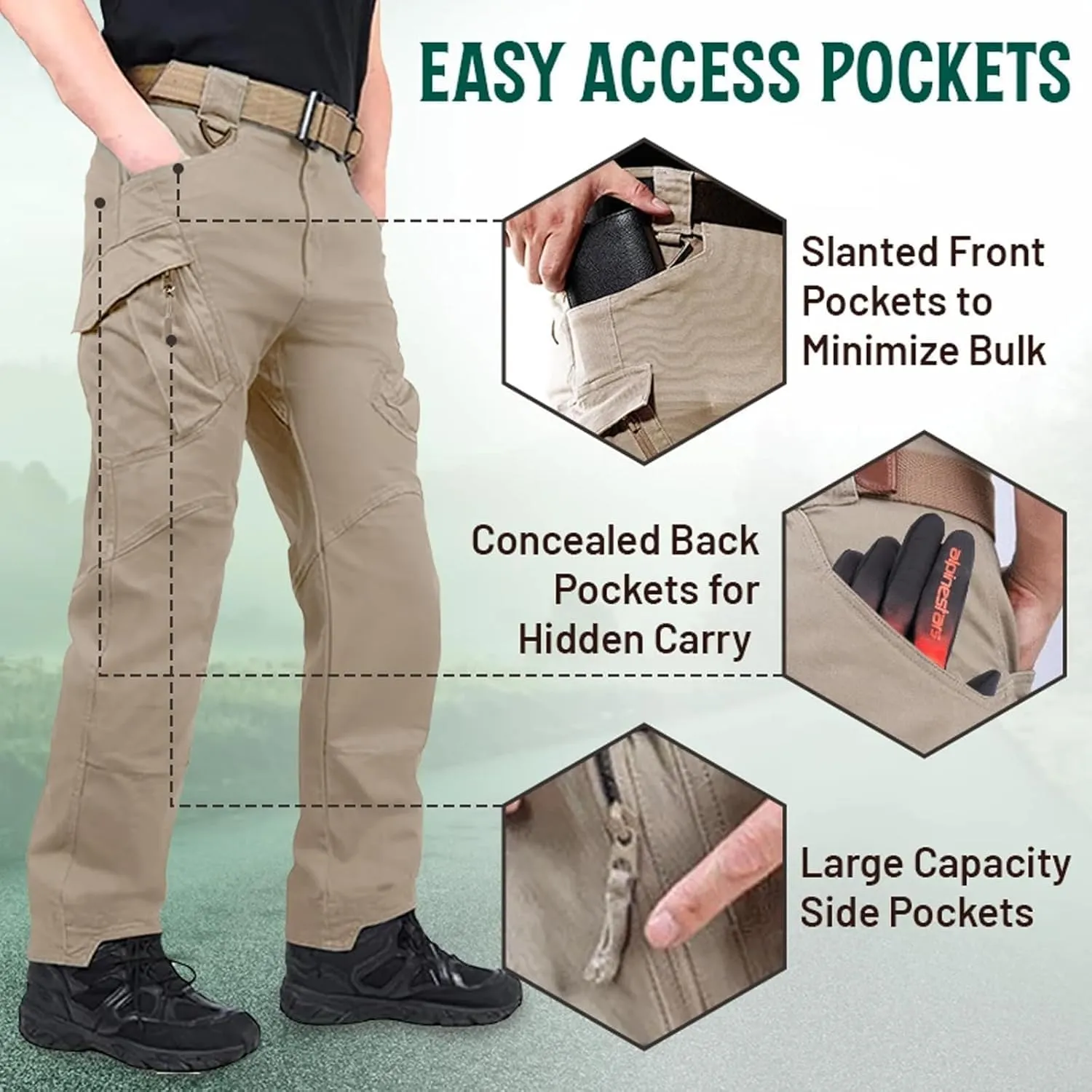 Flexcamo Tactical Waterproof Pants, Multi-Pocket, Quick Dry, Adult Men's Mid Rise Sweatpants, S - 5XL, Black