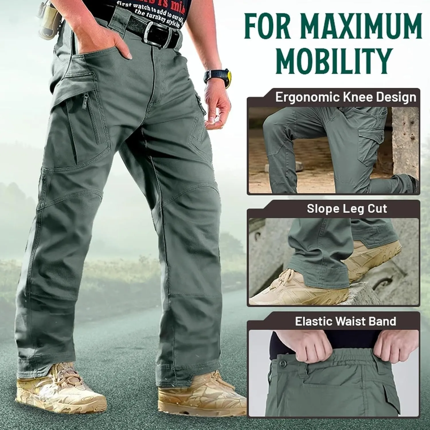 Flexcamo Tactical Waterproof Pants, Multi-Pocket, Quick Dry, Adult Men's Mid Rise Sweatpants, S - 5XL, Black