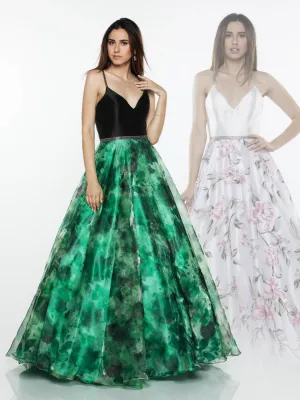 Floral Print Ball Gown – Spaghetti Strap Velvet Bodice with Tulle Skirt - prom dress