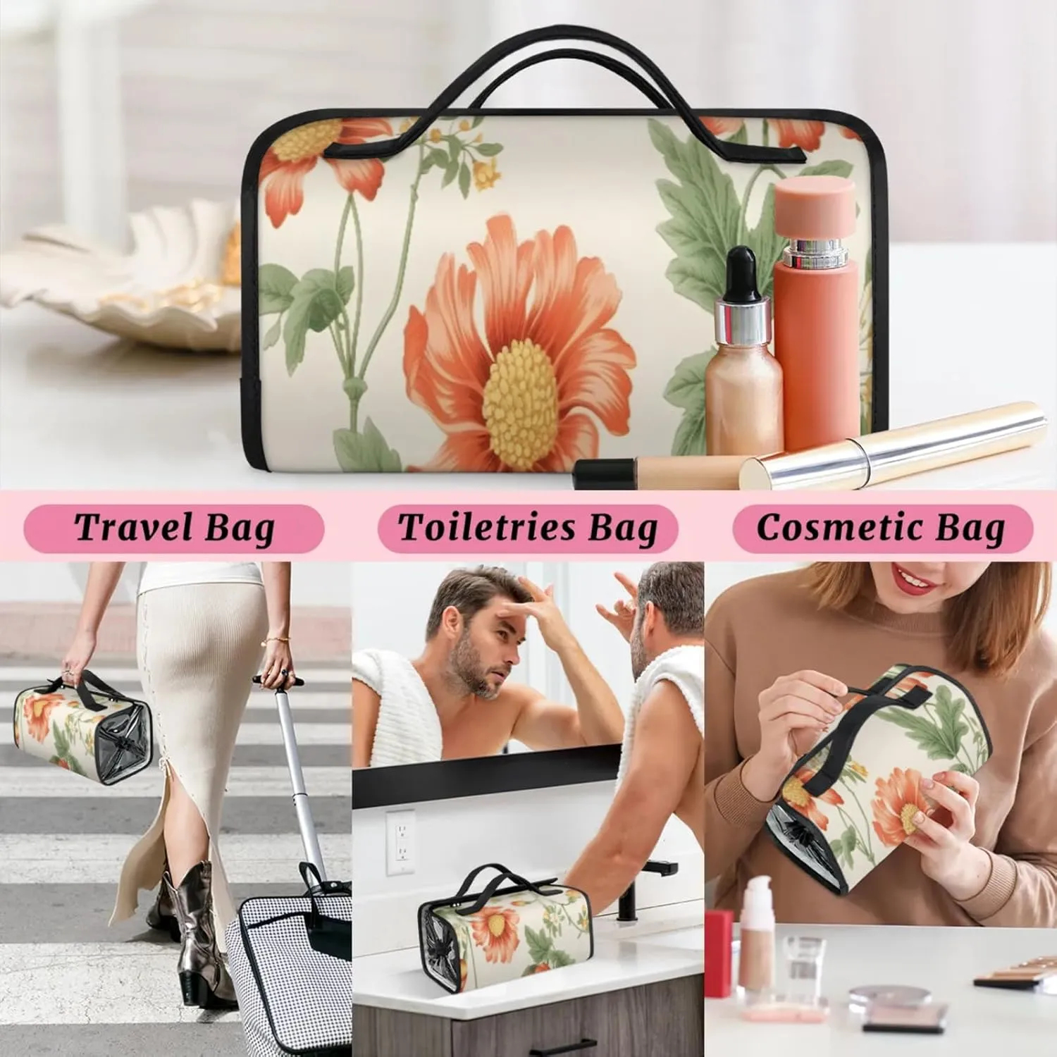 Flowers In Bloom Toiletry Bag Water Proof Travel Makeup Case Large Capacity 4 in 1 Foldable Cosmetics Storage for Women Men Removable Zipper Clear PVC Pockets