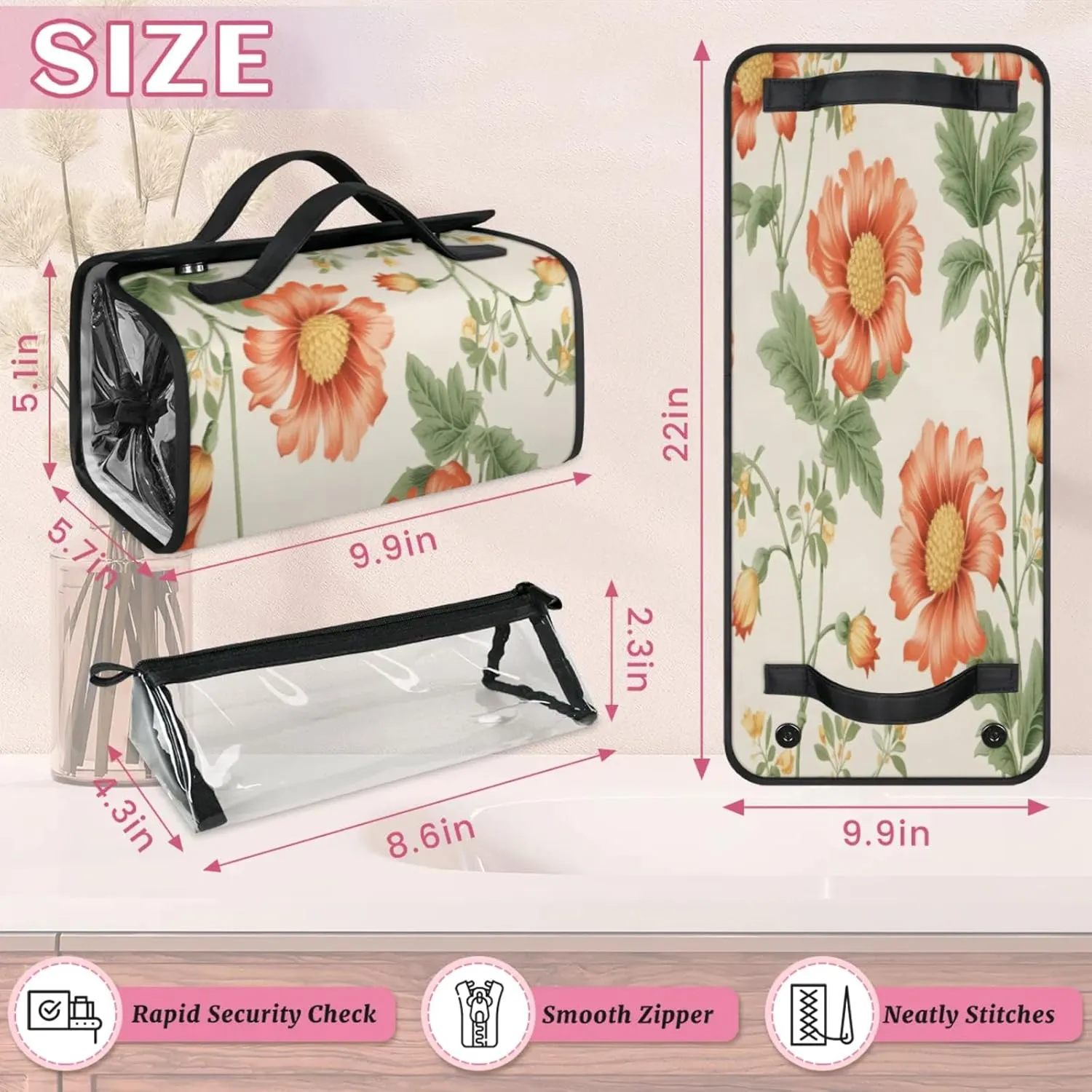 Flowers In Bloom Toiletry Bag Water Proof Travel Makeup Case Large Capacity 4 in 1 Foldable Cosmetics Storage for Women Men Removable Zipper Clear PVC Pockets