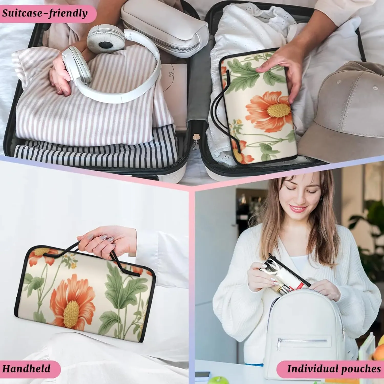 Flowers In Bloom Toiletry Bag Water Proof Travel Makeup Case Large Capacity 4 in 1 Foldable Cosmetics Storage for Women Men Removable Zipper Clear PVC Pockets