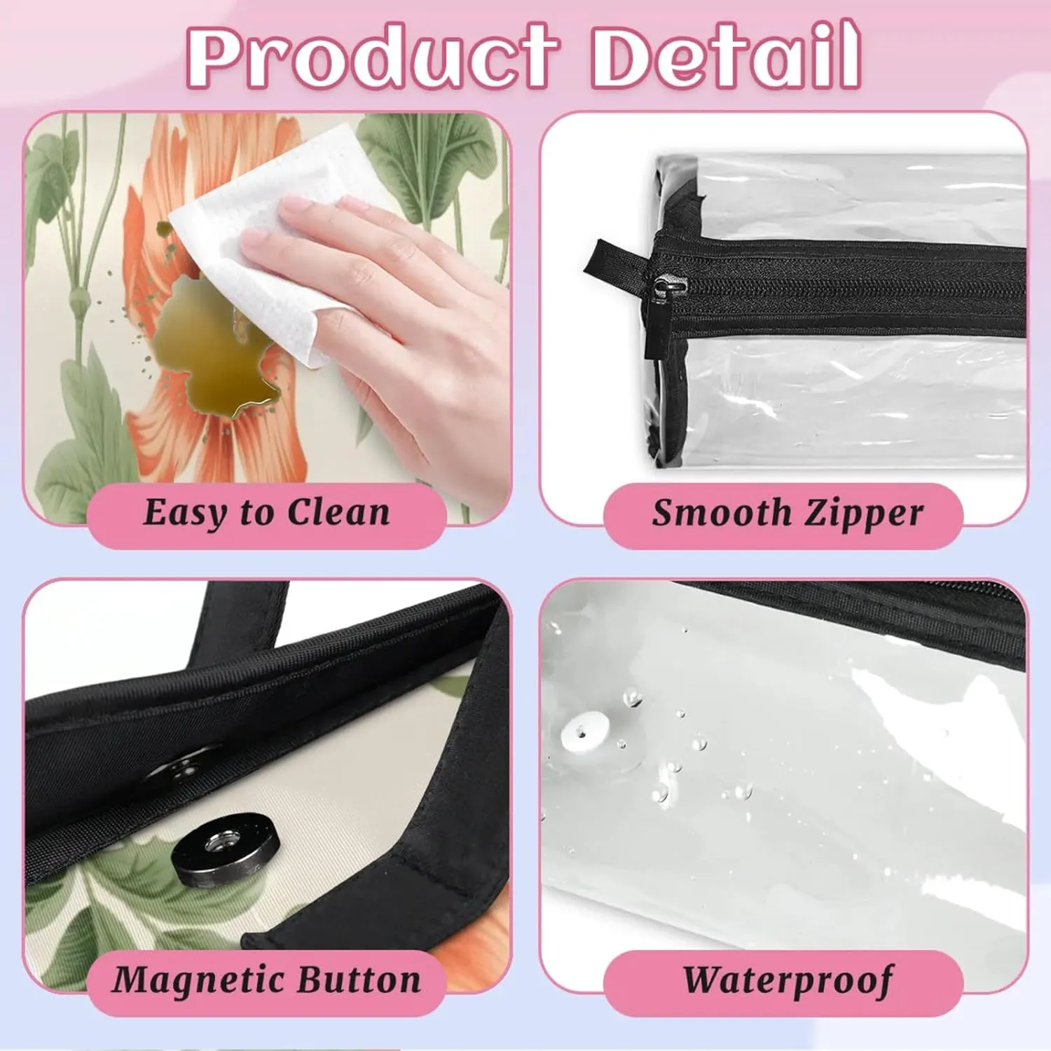 Flowers In Bloom Toiletry Bag Water Proof Travel Makeup Case Large Capacity 4 in 1 Foldable Cosmetics Storage for Women Men Removable Zipper Clear PVC Pockets
