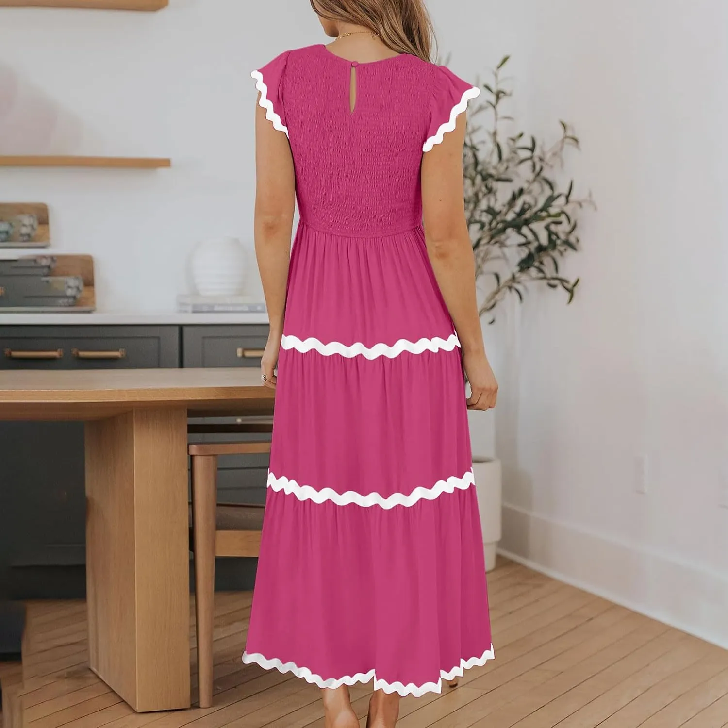 Flowy Dresses for Women,Ruffle Sleeve Spring Dresses High Waist A-Line Tiered Midi Dresses Elegant Wedding Date Night