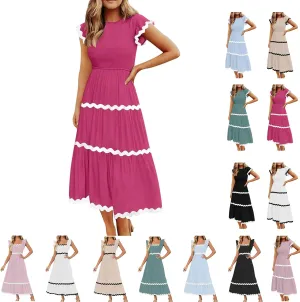 Flowy Dresses for Women,Ruffle Sleeve Spring Dresses High Waist A-Line Tiered Midi Dresses Elegant Wedding Date Night