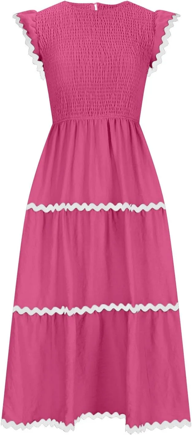 Flowy Dresses for Women,Ruffle Sleeve Spring Dresses High Waist A-Line Tiered Midi Dresses Elegant Wedding Date Night