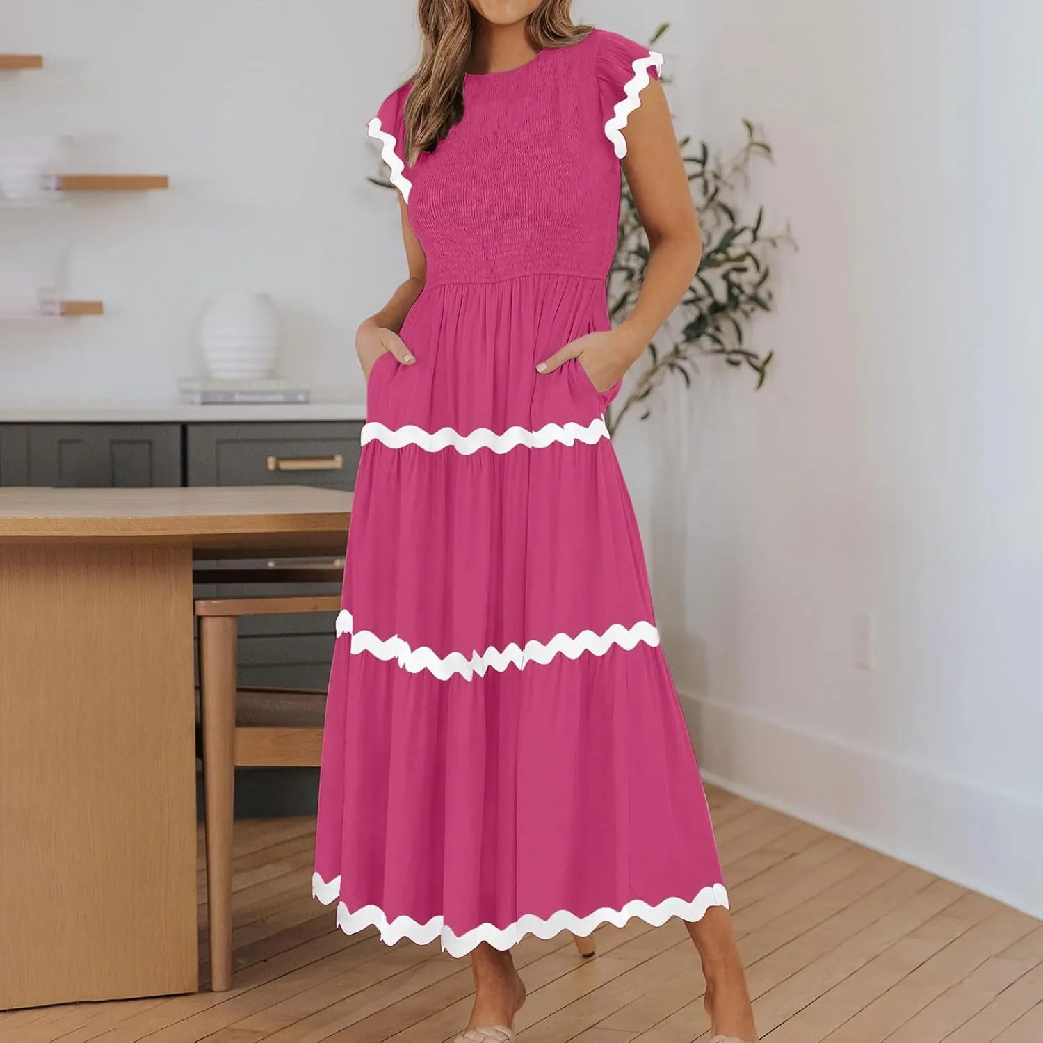 Flowy Dresses for Women,Ruffle Sleeve Spring Dresses High Waist A-Line Tiered Midi Dresses Elegant Wedding Date Night