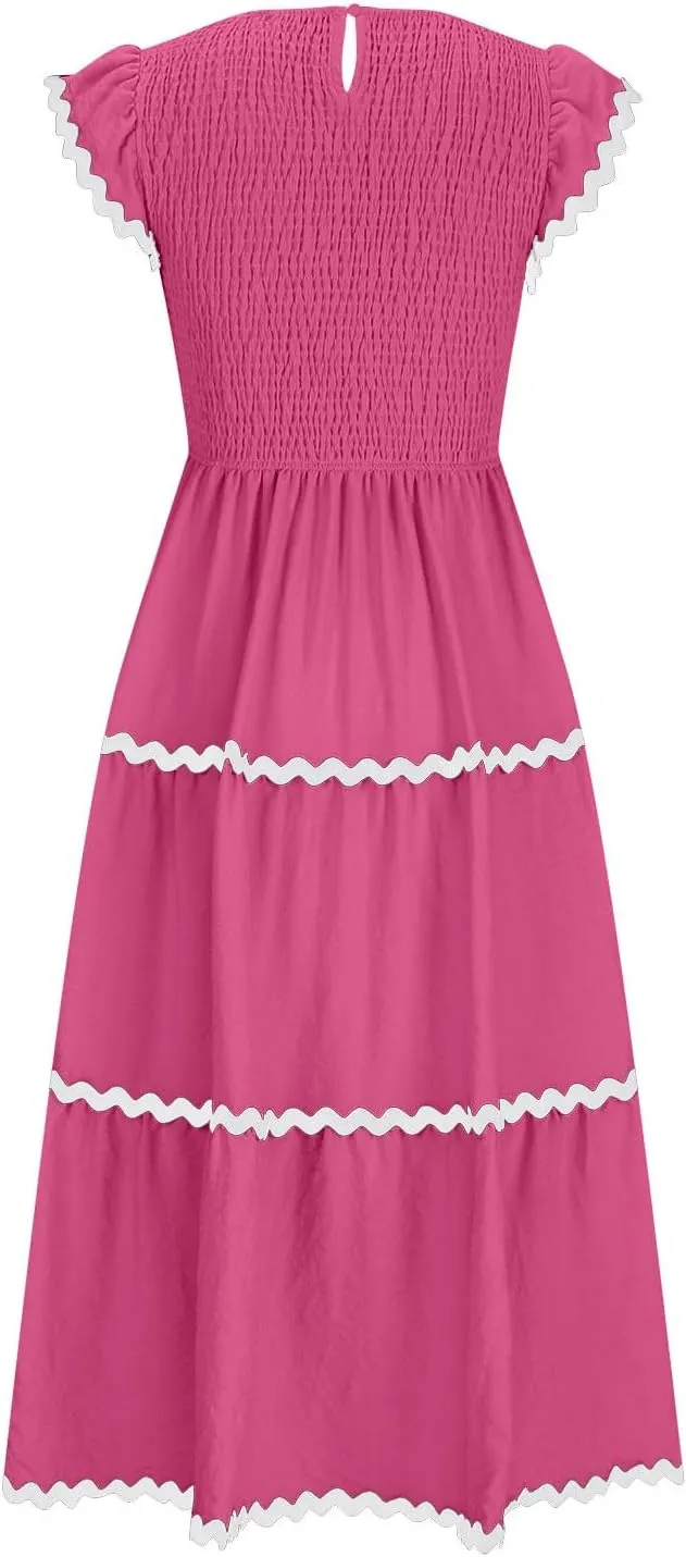 Flowy Dresses for Women,Ruffle Sleeve Spring Dresses High Waist A-Line Tiered Midi Dresses Elegant Wedding Date Night