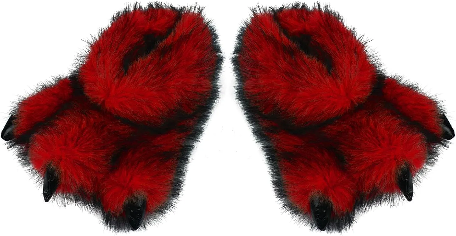 Fluffy Monster Claw Slippers for Men Women, Furry Plush Home Shoes, Winter Warm Faux Fur Indoor House Footwear, Funny Dinosaur Paw Dress up Gift